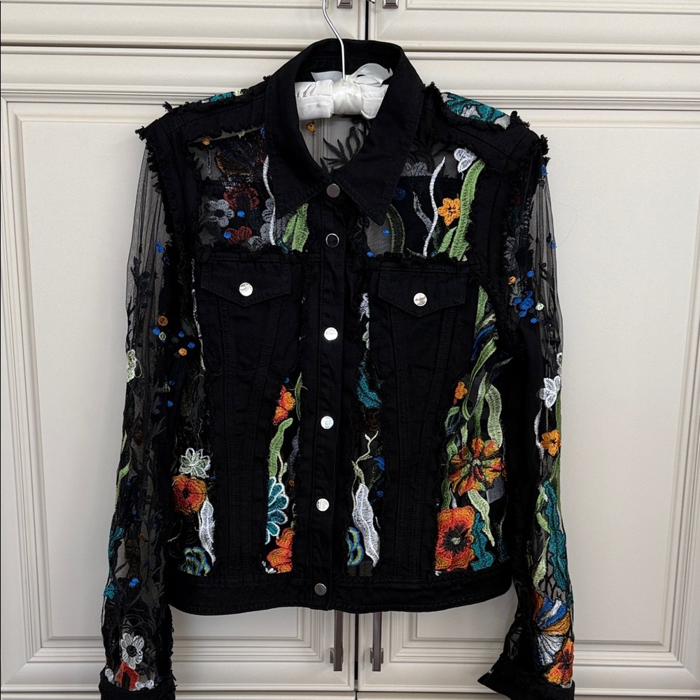 Adore Floral Embroidered & lace Denim Black Jacket